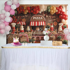 Lofaris Rustic Wood Pizza Stand Birthday Backdrop with Red Green Yellow Balloons and Cakes Italian Party Decor