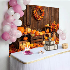 Lofaris Rustic Wood Thanksgiving Backdrop with Pumpkins and Autumn Leaves Fall Harvest Barn Door Background for Photography