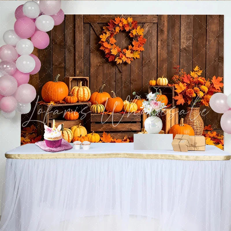 Lofaris Rustic Wood Thanksgiving Backdrop with Pumpkins and Autumn Leaves Fall Harvest Barn Door Background for Photography