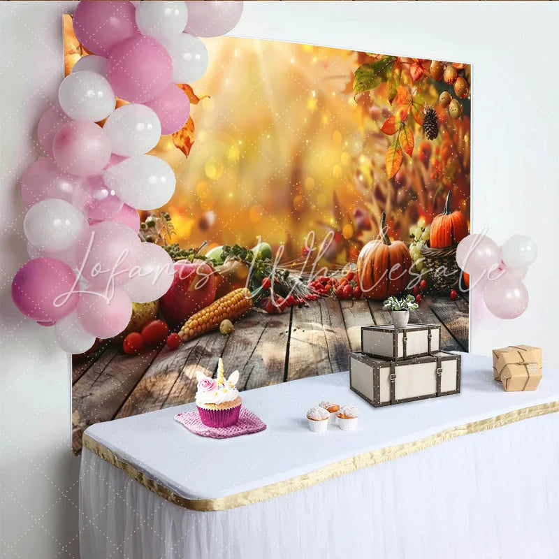 Lofaris Rustic Wood Thanksgiving Backdrop with Pumpkins and Autumn Leaves Golden Bokeh Harvest Photography Background for Party Decor