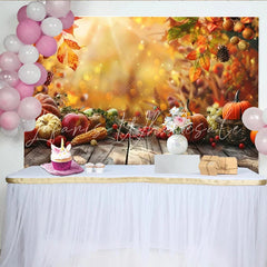Lofaris Rustic Wood Thanksgiving Backdrop with Pumpkins and Autumn Leaves Golden Bokeh Harvest Photography Background for Party Decor