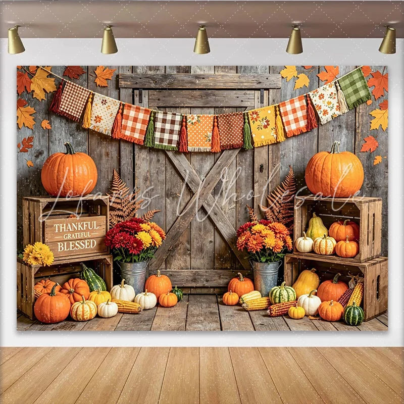Lofaris Rustic Wood Thanksgiving Backdrop with Pumpkins and Fall Leaves Thankful Grateful Blessed Harvest Photo Background