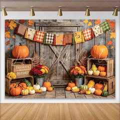 Lofaris Rustic Wood Thanksgiving Backdrop with Pumpkins and Fall Leaves Thankful Grateful Blessed Harvest Photo Background