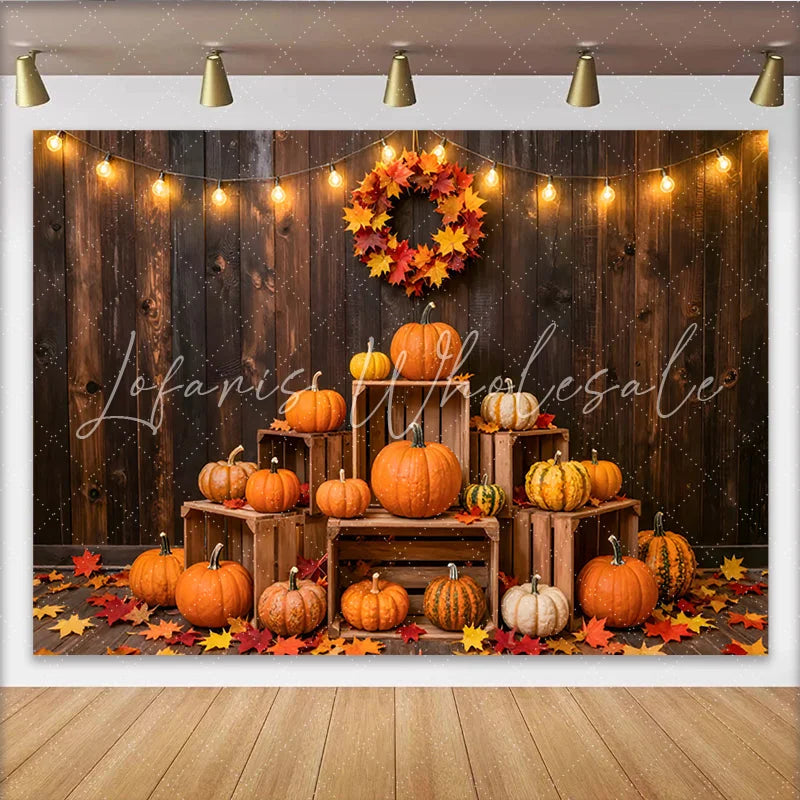Lofaris Rustic Wood Thanksgiving Backdrop with Pumpkins and Fall Leaves Warm String Lights Photo for Autumn Harvest Party Decor