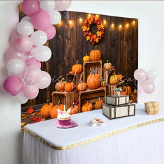 Lofaris Rustic Wood Thanksgiving Backdrop with Pumpkins and Fall Leaves Warm String Lights Photo for Autumn Harvest Party Decor