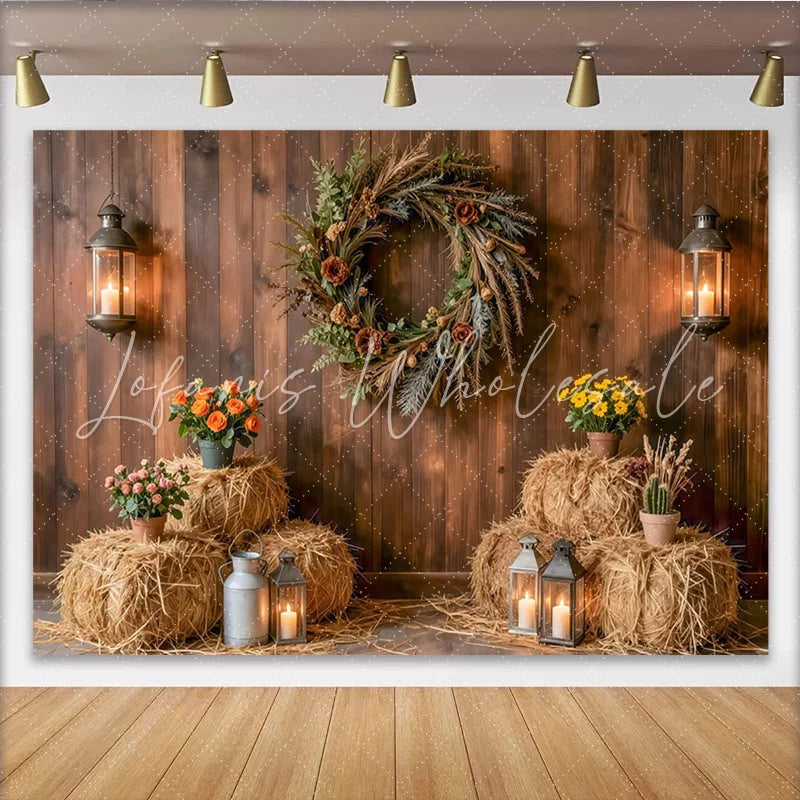 Lofaris Rustic Wood Wall Photography Backdrop Farmhouse Hay Bales and Lanterns Studio Background for Portraits