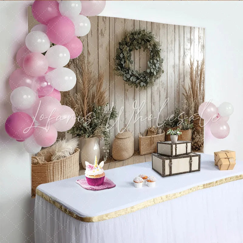 Lofaris Rustic Wood Wall Photography Backdrop with Eucalyptus Wreath and Pampas Grass Farmhouse Studio Background for Photoshoot