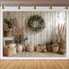 Lofaris Rustic Wood Wall Photography Backdrop with Eucalyptus Wreath and Pampas Grass Farmhouse Studio Background for Photoshoot