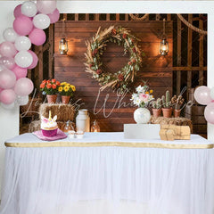 Lofaris Rustic Wood Wall Photography Backdrop with Floral Wreath and Lanterns Farmhouse Style Background for Studio Photoshoot and Event