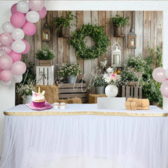 Lofaris Rustic Wood Wall Photography Backdrop with Greenery and White Flowers Elegant Studio Background for Farmhouse Photoshoot
