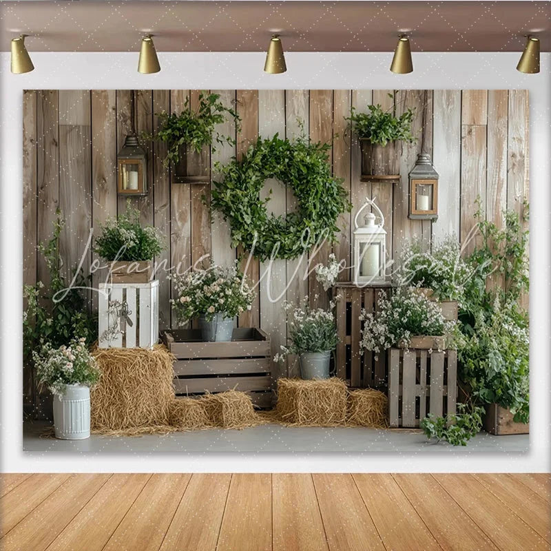 Lofaris Rustic Wood Wall Photography Backdrop with Greenery and White Flowers Elegant Studio Background for Farmhouse Photoshoot