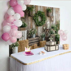 Lofaris Rustic Wood Wall Photography Backdrop with Greenery and White Flowers Elegant Studio Background for Farmhouse Photoshoot