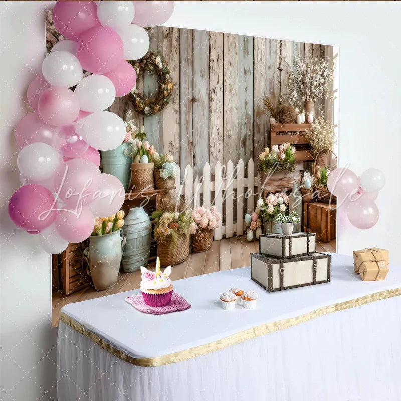 Lofaris Rustic Wood Wall Spring Photography Backdrop with Pastel Flowers White Picket Fence and Easter Eggs Studio Photo Background