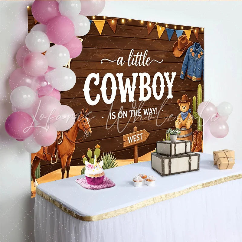 Lofaris Rustic Wood Western Cowboy Baby Shower Backdrop for Boy Cute Teddy Bear and Cactus Photography Background for Party Decor