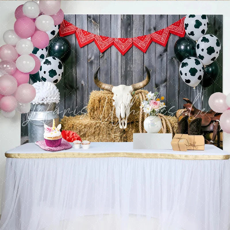 Lofaris Rustic Wood Western Cowboy Photography Backdrop Farm Theme Background with Cow Print Balloons and Red Bandana