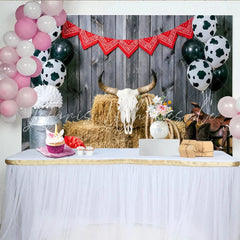 Lofaris Rustic Wood Western Cowboy Photography Backdrop Farm Theme Background with Cow Print Balloons and Red Bandana