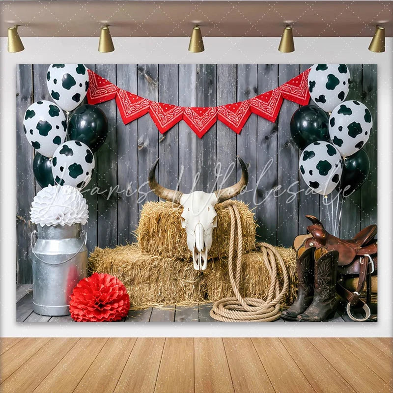 Lofaris Rustic Wood Western Cowboy Photography Backdrop Farm Theme Background with Cow Print Balloons and Red Bandana
