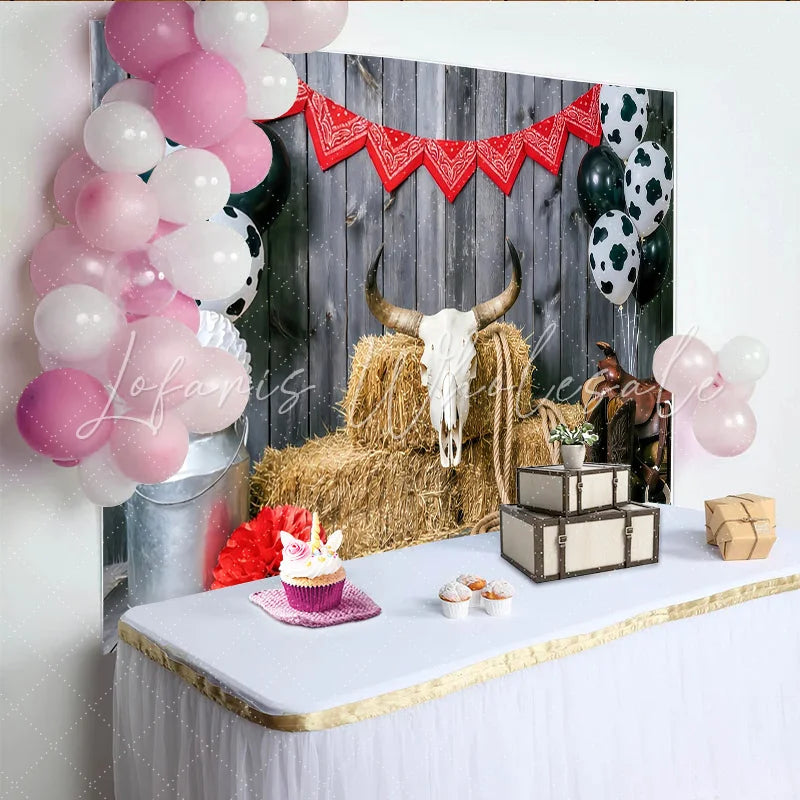 Lofaris Rustic Wood Western Cowboy Photography Backdrop Farm Theme Background with Cow Print Balloons and Red Bandana