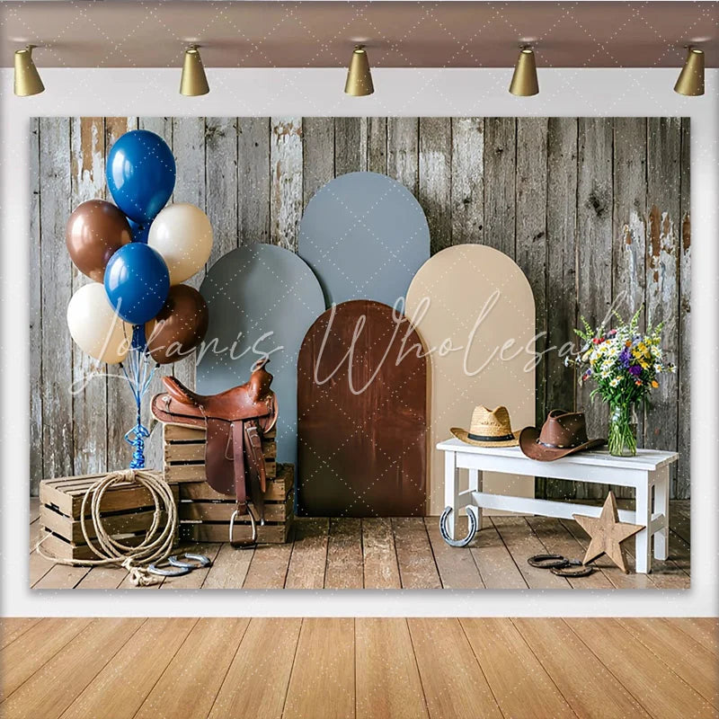 Lofaris Rustic Wood Western Photography Backdrop with Cowboy Hats and Saddle Arched Panels Studio Background for Portrait Photoshoot