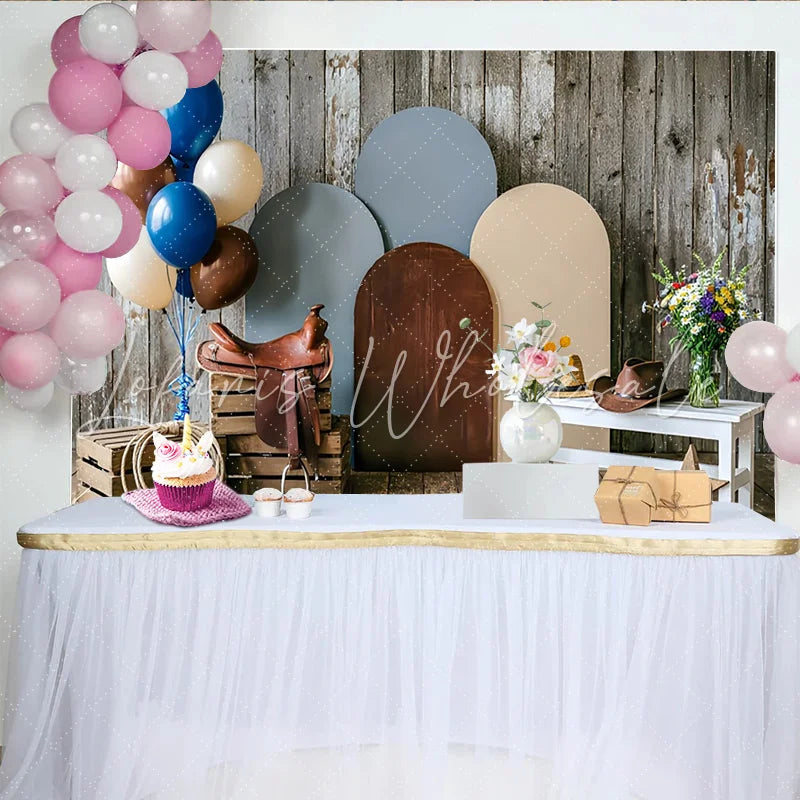 Lofaris Rustic Wood Western Photography Backdrop with Cowboy Hats and Saddle Arched Panels Studio Background for Portrait Photoshoot