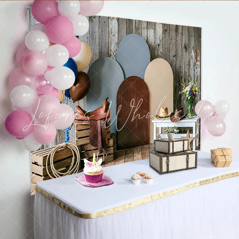 Lofaris Rustic Wood Western Photography Backdrop with Cowboy Hats and Saddle Arched Panels Studio Background for Portrait Photoshoot