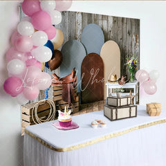 Lofaris Rustic Wood Western Photography Backdrop with Cowboy Hats and Saddle Arched Panels Studio Background for Portrait Photoshoot