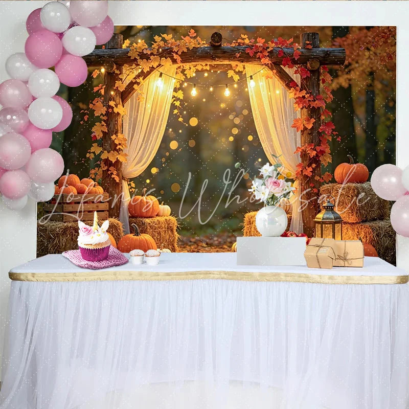 Lofaris Rustic Wooden Arch Fall Harvest Backdrop with Pumpkins and Autumn Leaves Warm Photography Background for Studio Photoshoot