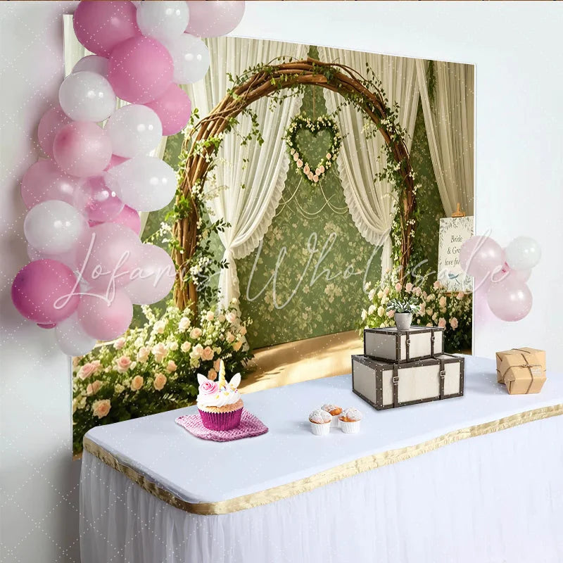 Lofaris Rustic Wooden Arch Wedding Backdrop with Pink Roses Elegant Floral Background for Romantic Ceremony Photoshoot