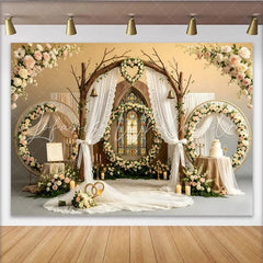 Lofaris Rustic Wooden Arch Wedding Backdrop with Stained Glass Window and Pink Roses Elegant Floral Photography Background for Romantic