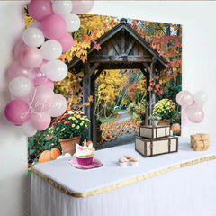 Lofaris Rustic Wooden Archway Autumn Photography Backdrop Colorful Fall Leaves and Pumpkins Decor for Studio Photoshoot