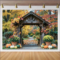 Lofaris Rustic Wooden Archway Autumn Photography Backdrop Colorful Fall Leaves and Pumpkins Decor for Studio Photoshoot