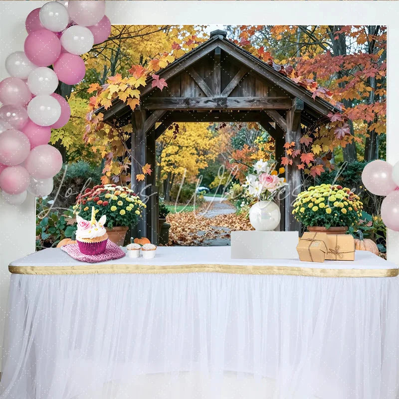 Lofaris Rustic Wooden Archway Autumn Photography Backdrop Colorful Fall Leaves and Pumpkins Decor for Studio Photoshoot