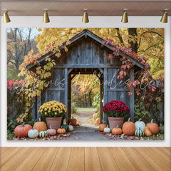 Lofaris Rustic Wooden Archway Fall Pumpkin Holiday Backdrop Colorful Autumn Leaves and Mums Photography Background