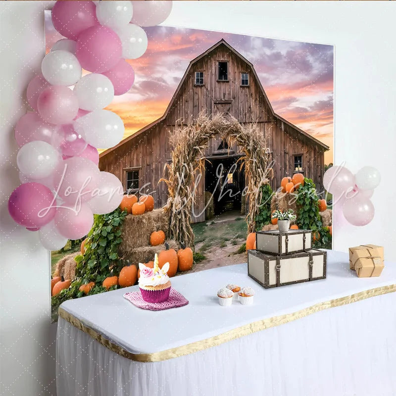 Lofaris Rustic Wooden Barn Autumn Harvest Backdrop with Pumpkins and Corn Stalk Arch Vibrant Sunset Background for Fall Party Decor