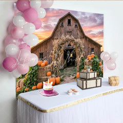 Lofaris Rustic Wooden Barn Autumn Harvest Backdrop with Pumpkins and Corn Stalk Arch Vibrant Sunset Background for Fall Party Decor