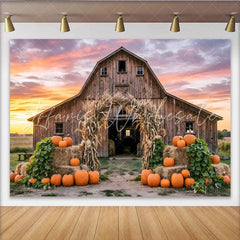 Lofaris Rustic Wooden Barn Autumn Harvest Backdrop with Pumpkins and Corn Stalk Arch Vibrant Sunset Background for Fall Party Decor