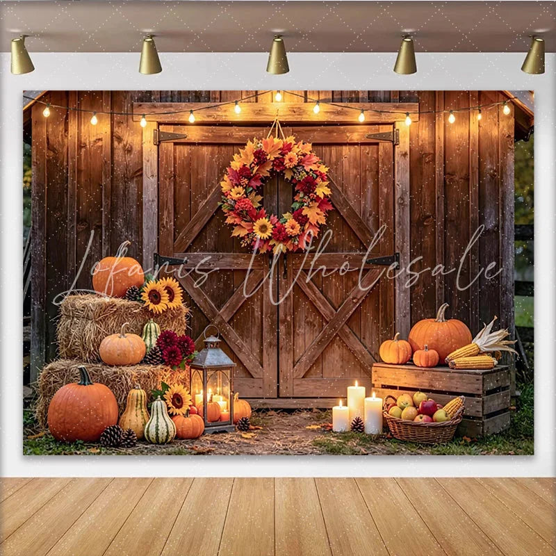 Lofaris Rustic Wooden Barn Autumn Harvest Backdrop with Pumpkins and Fall Wreath String Lights Photo Background for Autumn Party