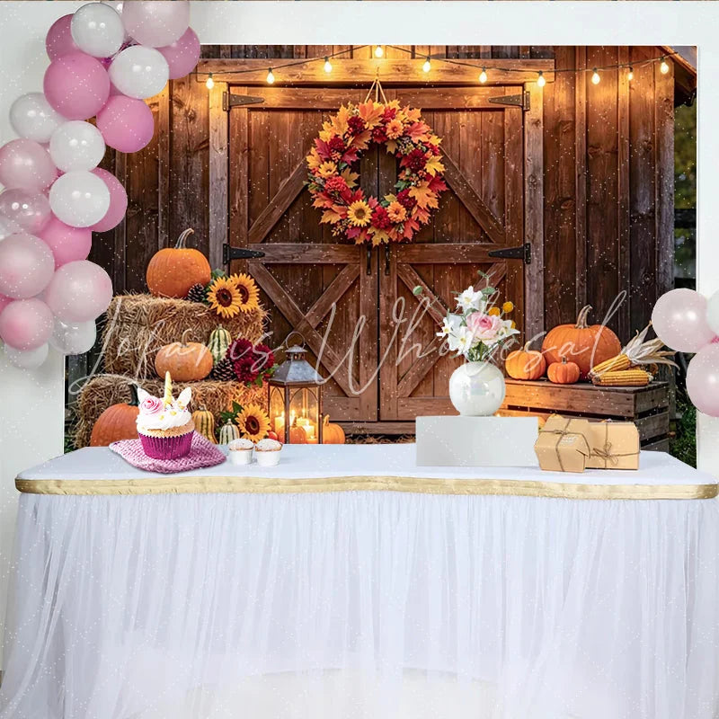 Lofaris Rustic Wooden Barn Autumn Harvest Backdrop with Pumpkins and Fall Wreath String Lights Photo Background for Autumn Party