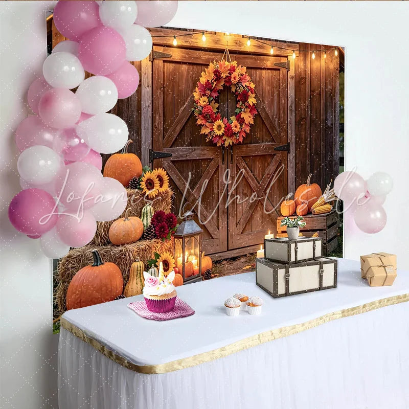 Lofaris Rustic Wooden Barn Autumn Harvest Backdrop with Pumpkins and Fall Wreath String Lights Photo Background for Autumn Party