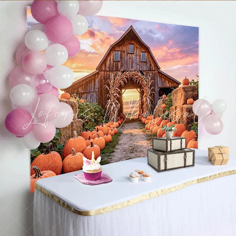 Lofaris Rustic Wooden Barn Autumn Harvest Backdrop with Pumpkins and Hay Bales Sunset Farm Photography Background for Fall Decor