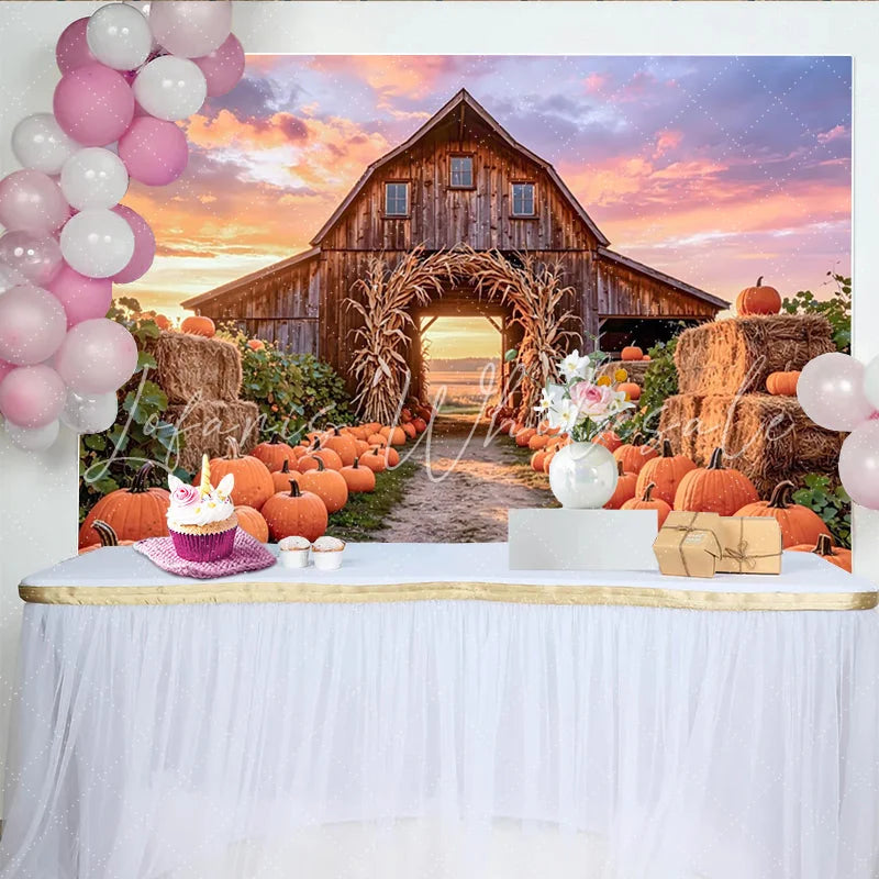 Lofaris Rustic Wooden Barn Autumn Harvest Backdrop with Pumpkins and Hay Bales Sunset Farm Photography Background for Fall Decor