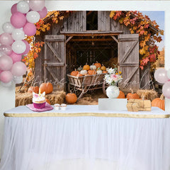Lofaris Rustic Wooden Barn Autumn Harvest Holiday Backdrop with Pumpkins and Hay Bales Farmhouse Photography Background for Fall Decor