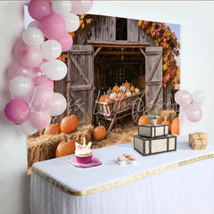 Lofaris Rustic Wooden Barn Autumn Harvest Holiday Backdrop with Pumpkins and Hay Bales Farmhouse Photography Background for Fall Decor