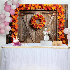Lofaris Rustic Wooden Barn Door Autumn Backdrop with Maple Leaves Fall Photography Background for Studio Photoshoot