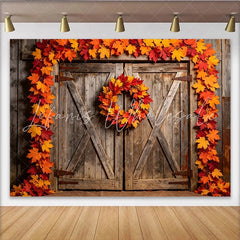 Lofaris Rustic Wooden Barn Door Autumn Backdrop with Maple Leaves Fall Photography Background for Studio Photoshoot