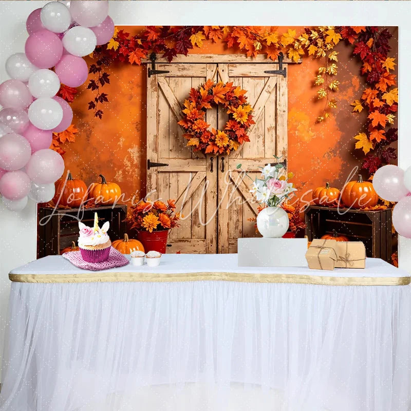 Lofaris Rustic Wooden Barn Door Autumn Backdrop with Pumpkins and Fall Leaves Vibrant Harvest Season Thanksgiving Party Decor