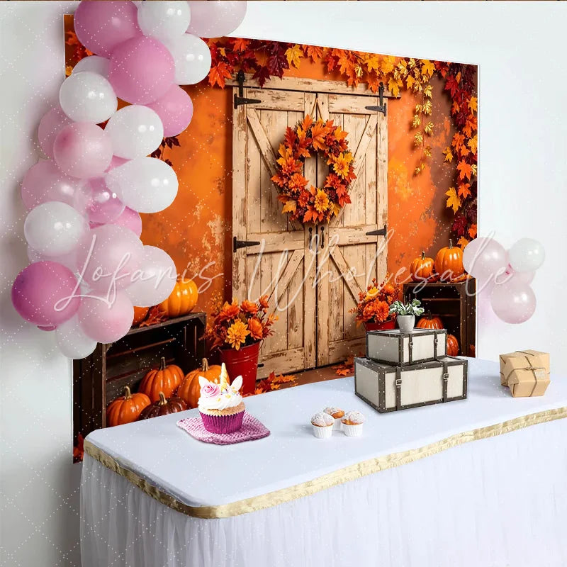 Lofaris Rustic Wooden Barn Door Autumn Backdrop with Pumpkins and Fall Leaves Vibrant Harvest Season Thanksgiving Party Decor