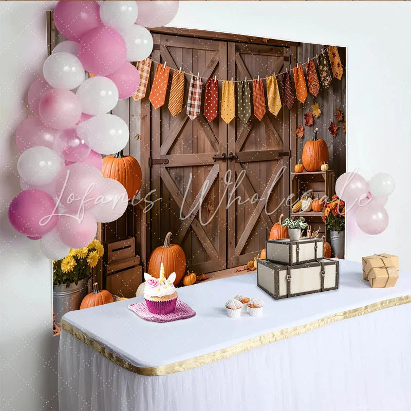 Lofaris Rustic Wooden Barn Door Autumn Backdrop with Pumpkins Fall Leaves and Garland Harvest Photography Background for Thanksgiving Decor