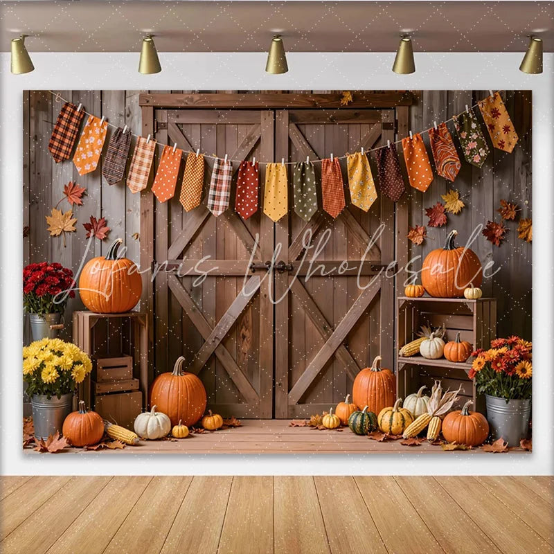 Lofaris Rustic Wooden Barn Door Autumn Backdrop with Pumpkins Fall Leaves and Garland Harvest Photography Background for Thanksgiving Decor
