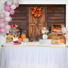 Lofaris Rustic Wooden Barn Door Autumn Harvest Backdrop with Pumpkins Cozy Farmhouse Fall Photography Background for Thanksgiving Party
